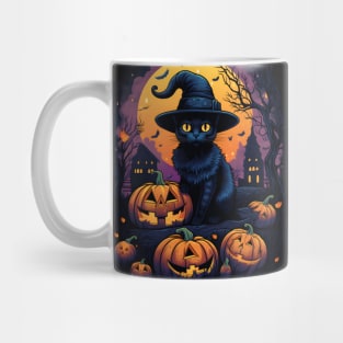 Cute Halloween Black Cat Witch Hat Pumpkin Mug